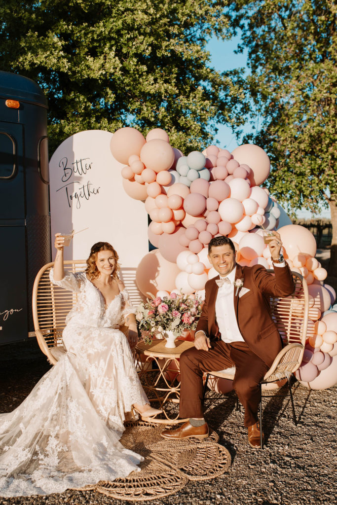 Bride and groom having drinks after Woodland California wedding