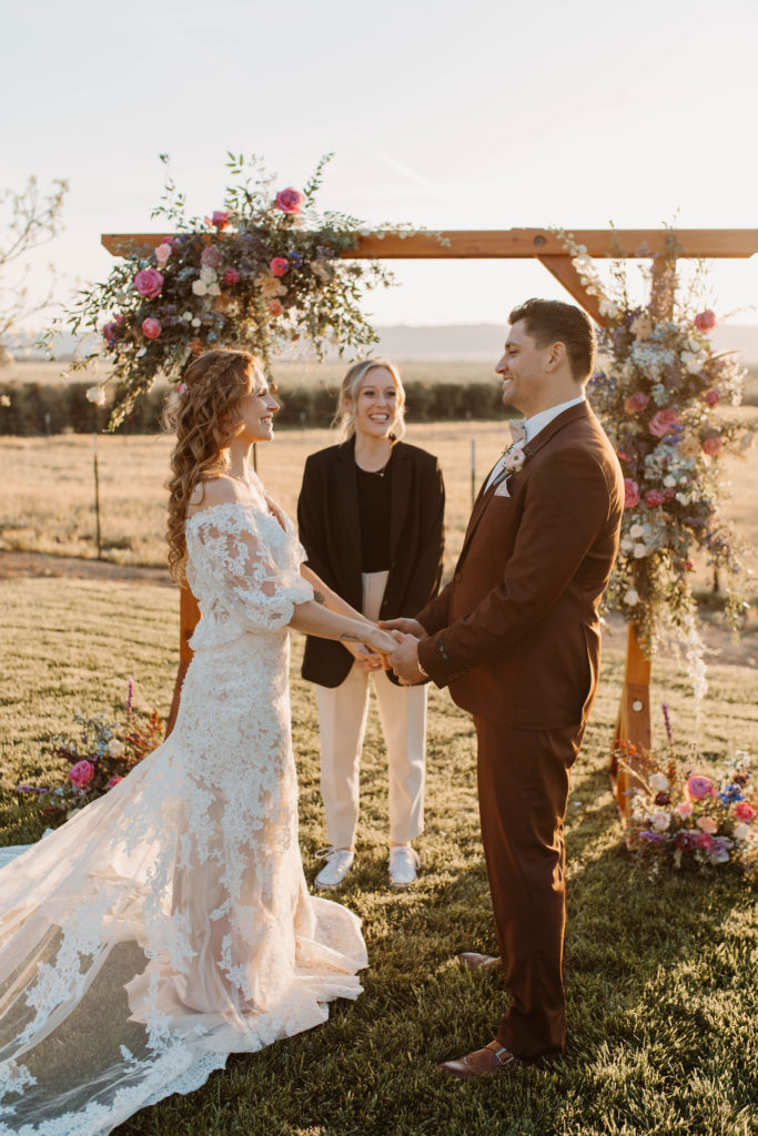 Bride and groom at the altar for Woodland California spring wedding