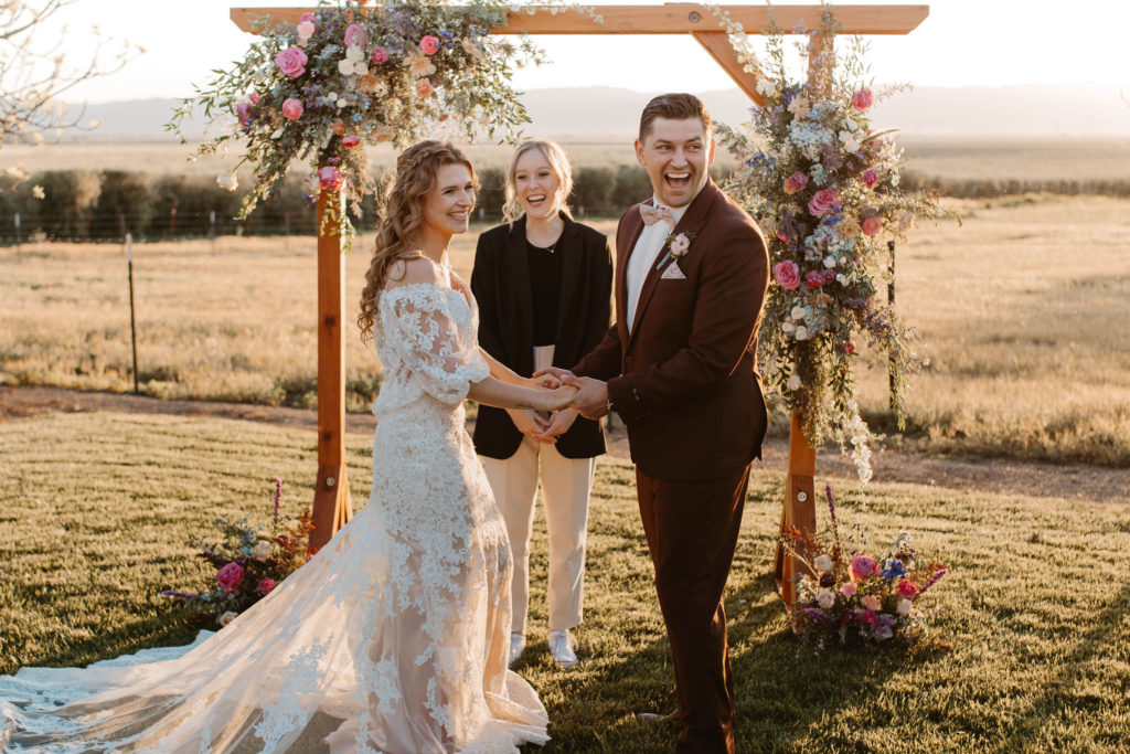 Bride and groom at the altar for Woodland California spring wedding