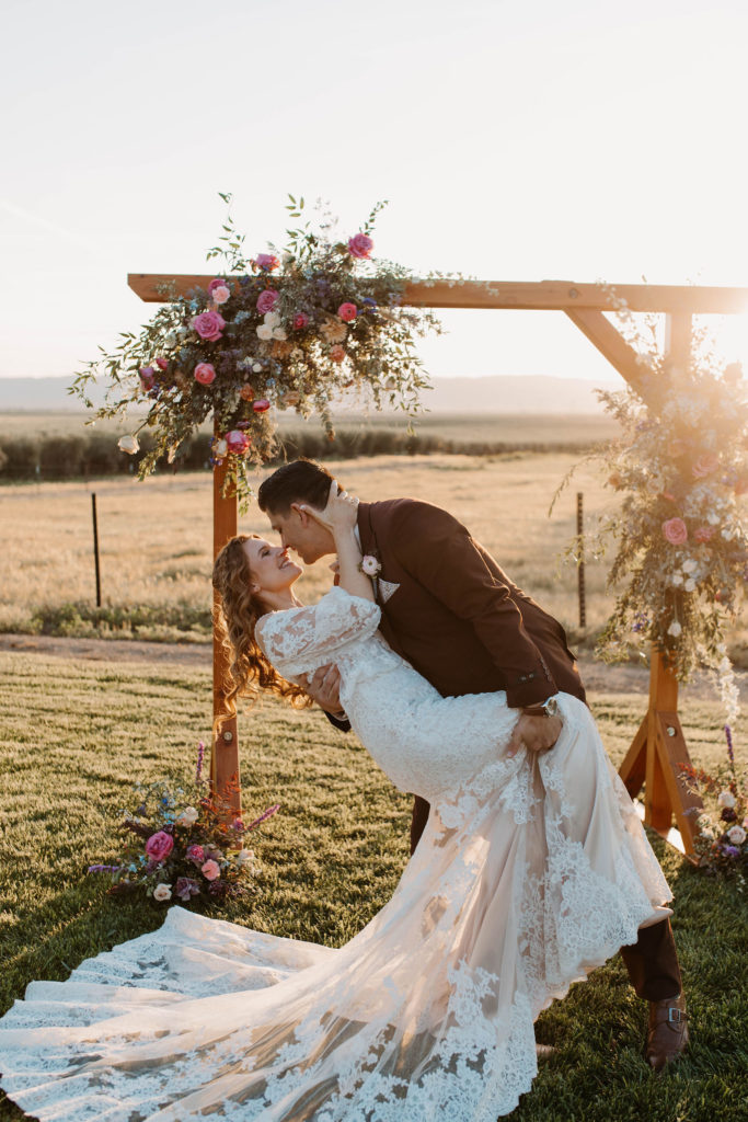 Bride and groom at the altar for Woodland California spring wedding