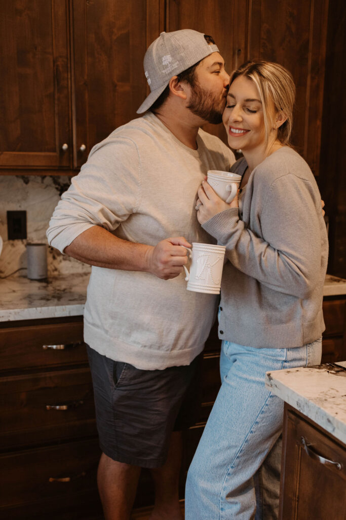 Couple drinking coffee during in home couples session - Fun Couples Photoshoot Ideas