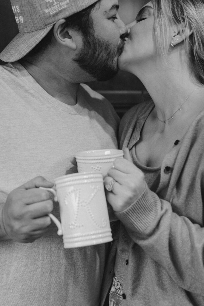 Couple drinking coffee during in home couples session - Fun Couples Photoshoot Ideas