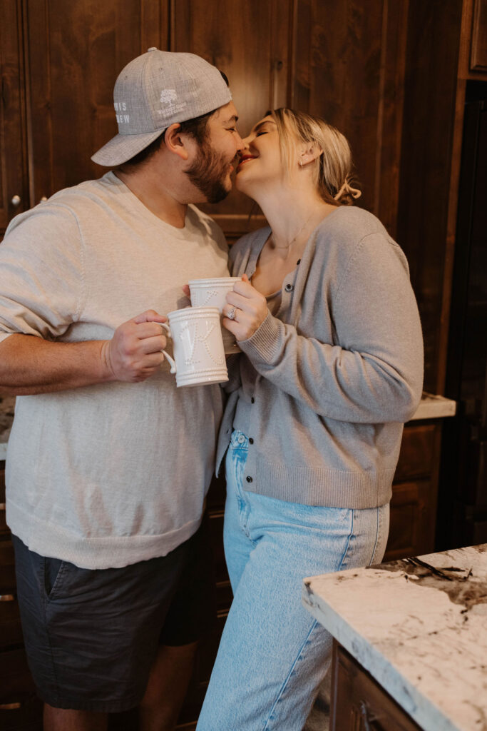 Couple drinking coffee during in home couples session - Fun Couples Photoshoot Ideas